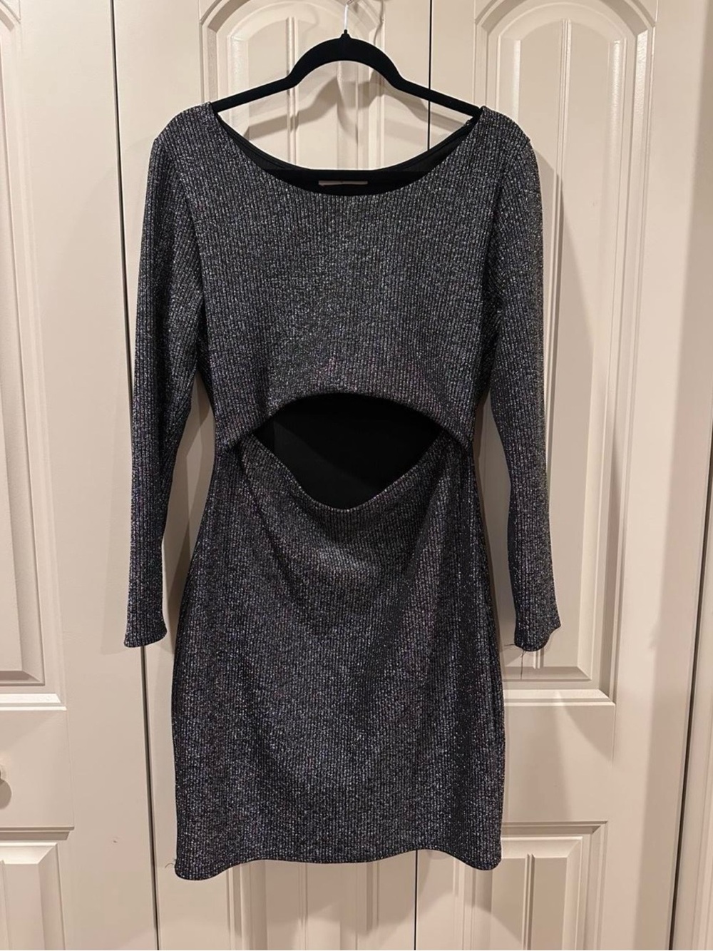 Long-Sleeve Metallic Black Midi Dress with Midriff Cutout